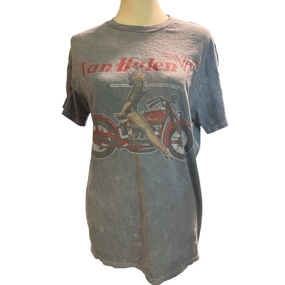 Van Halen Motorcycle Pin Up Girl Graphic Band Tee, Distressed Gray, Large